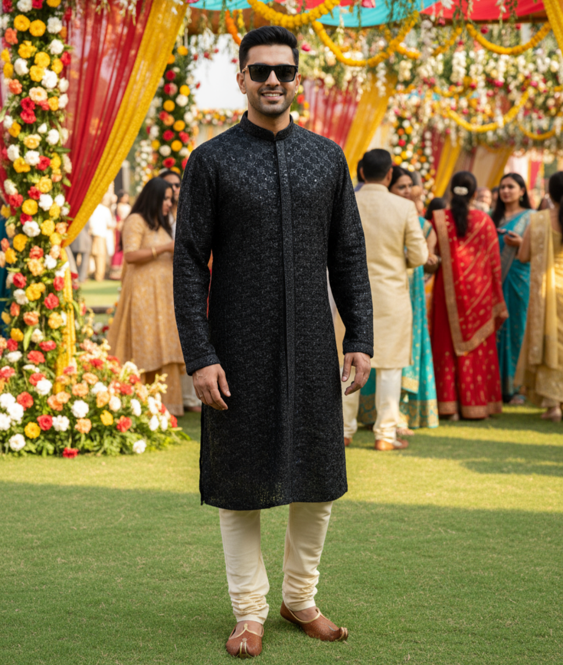 Front Open Bollywood Style Black Embroidered Kurta