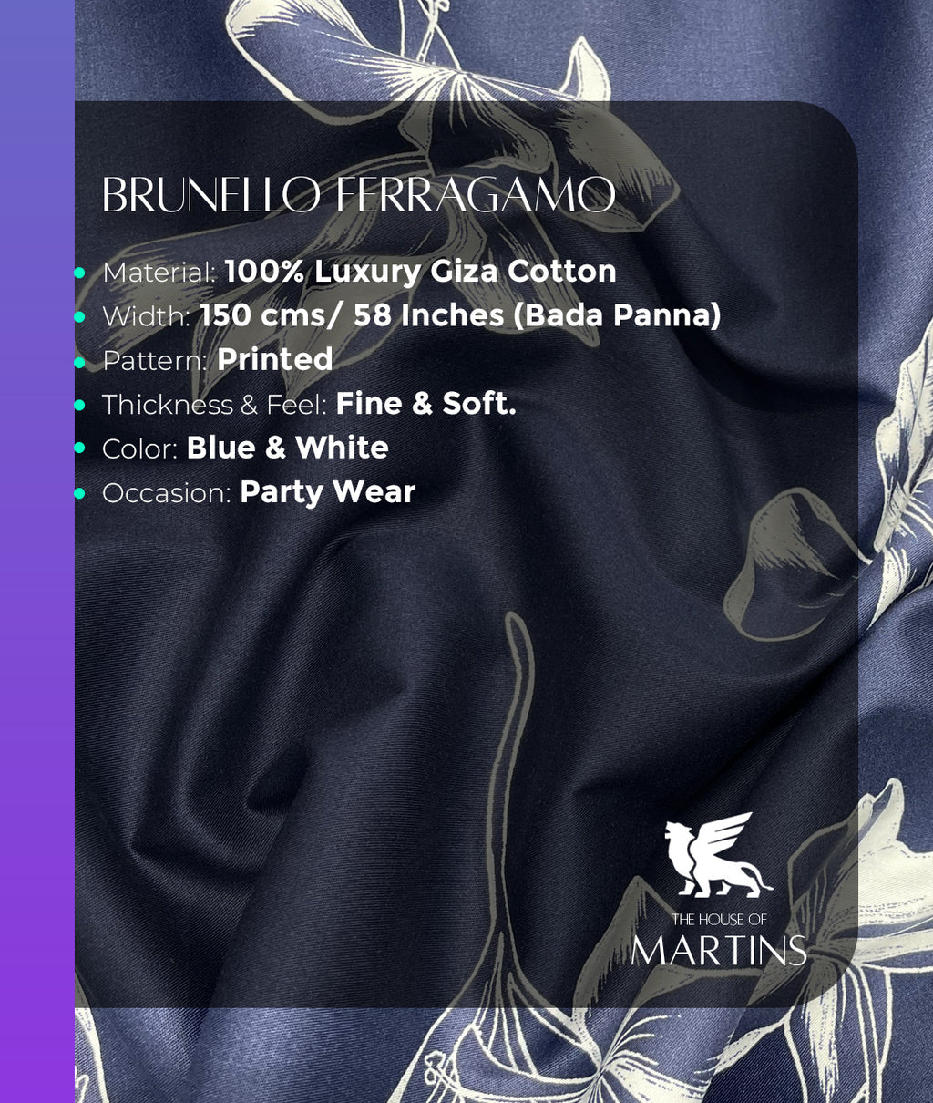 Brunello Ferragamo Flower Print Premium Giza Cotton Fabric for Men's Shirt