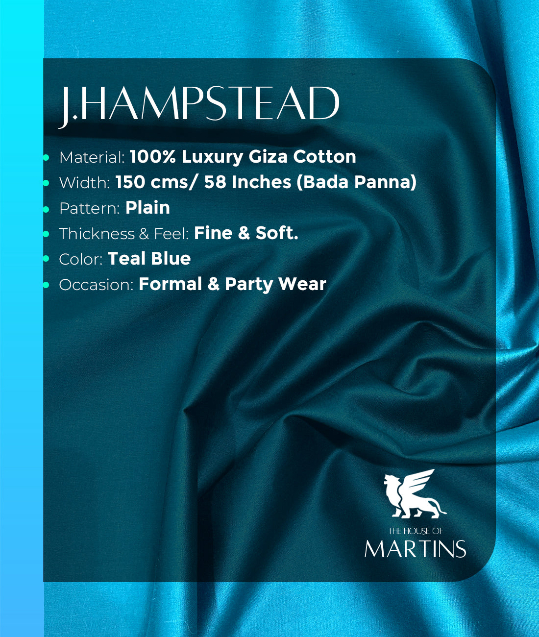 J.Hampstead Teal Blue Luxury Giza Cotton Fabric for Men's