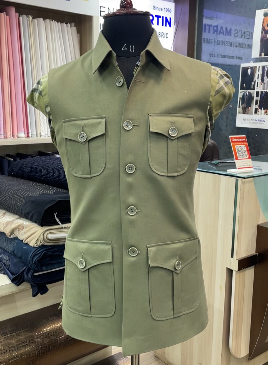 Green Hunting Sadri with 4 Pockets