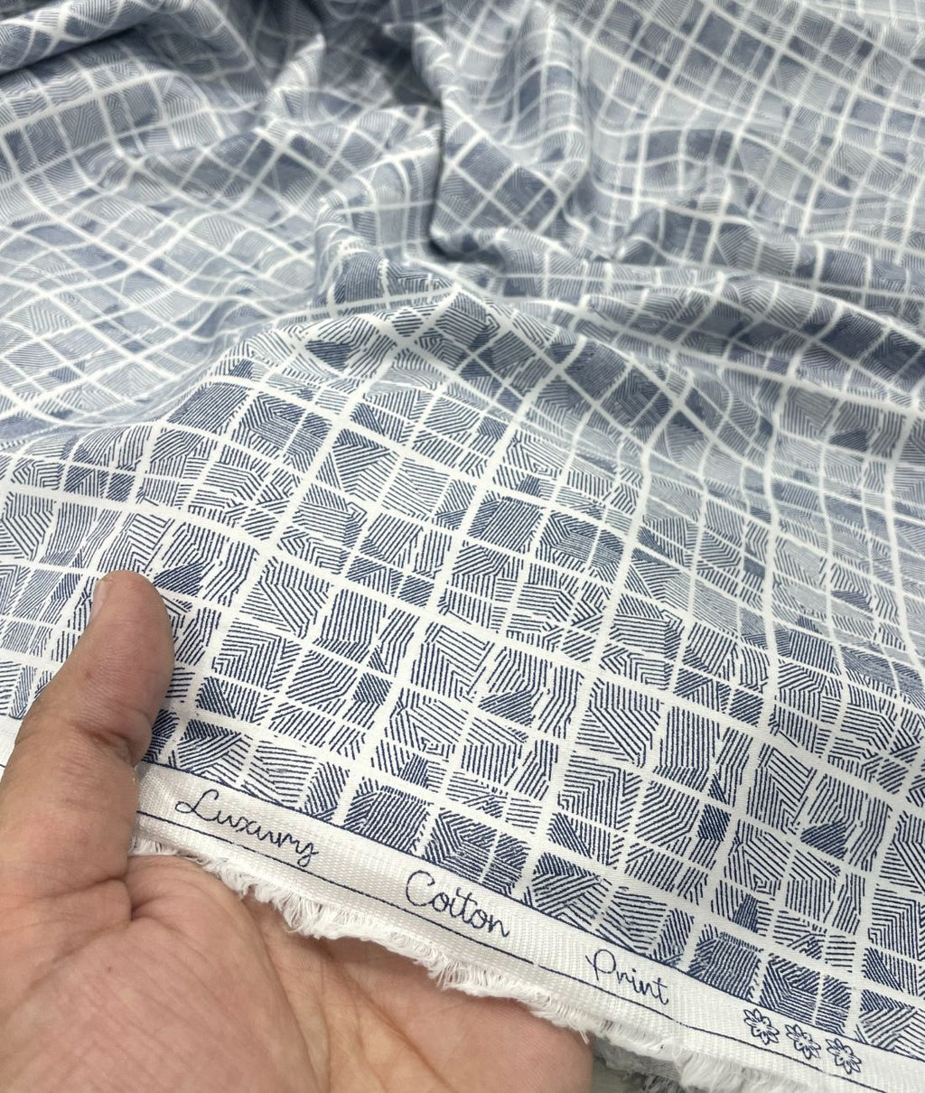 White Abstract Printed Luxury Giza Cotton Fabric for Men's Shirt