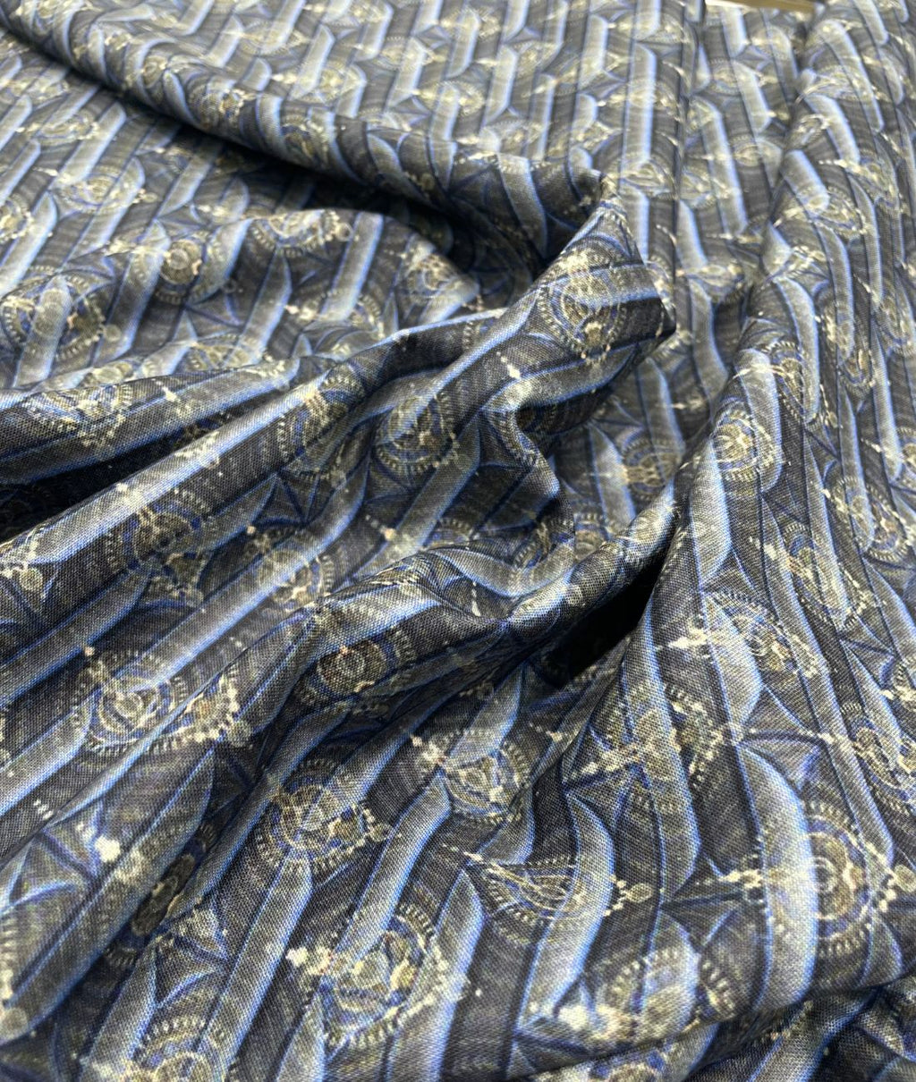 Blue & Gold Elegance Printed Anti Wrinke Cotton Fabric for Men's Shirts & Kurta