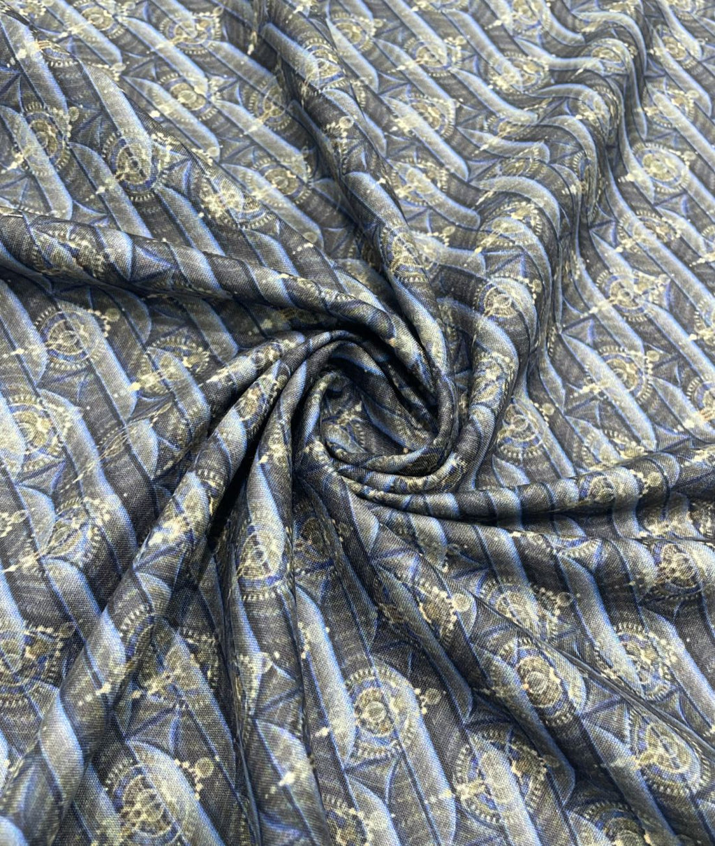Blue & Gold Elegance Printed Anti Wrinke Cotton Fabric for Men's Shirts & Kurta