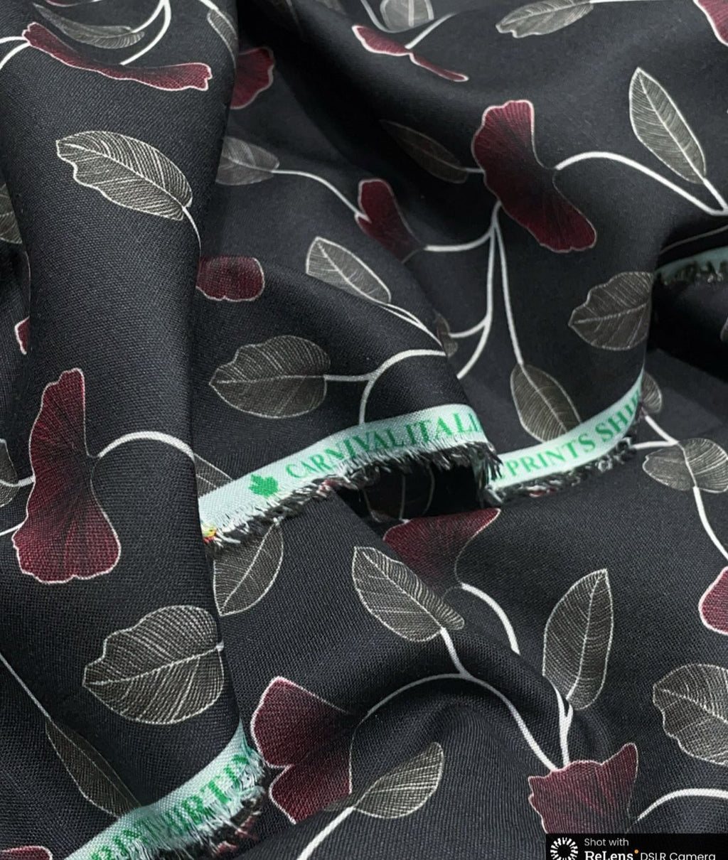 Noir Petal Printed Anti Wrinke Cotton Fabric for Men's Shirts & Kurta