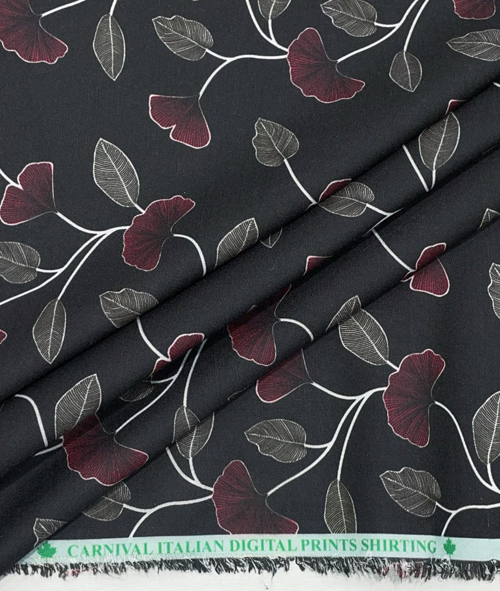 Noir Petal Printed Anti Wrinke Cotton Fabric for Men's Shirts & Kurta