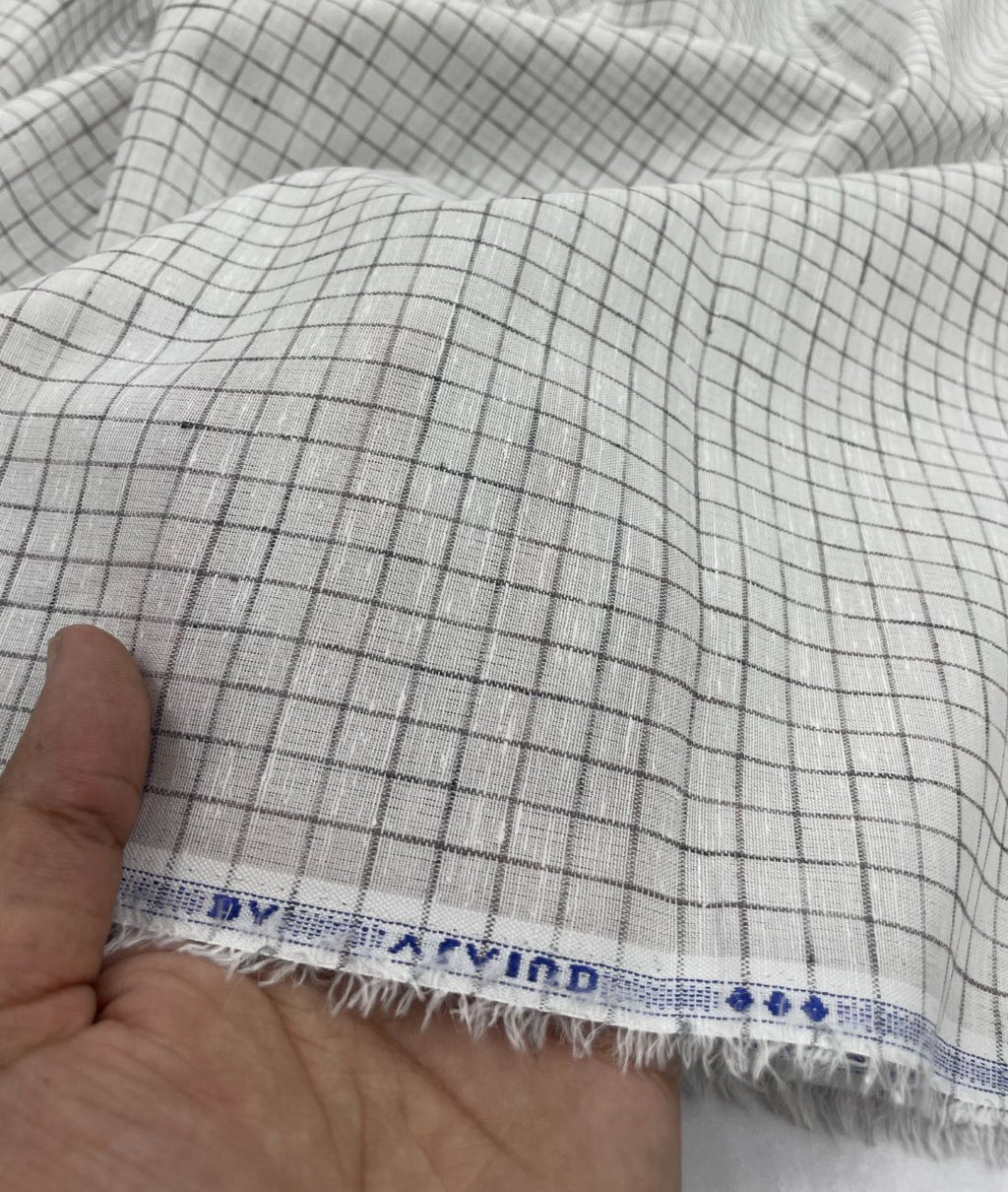 Arvind White & Brown Small Checks Linen Fabric for Shirt & Kurta