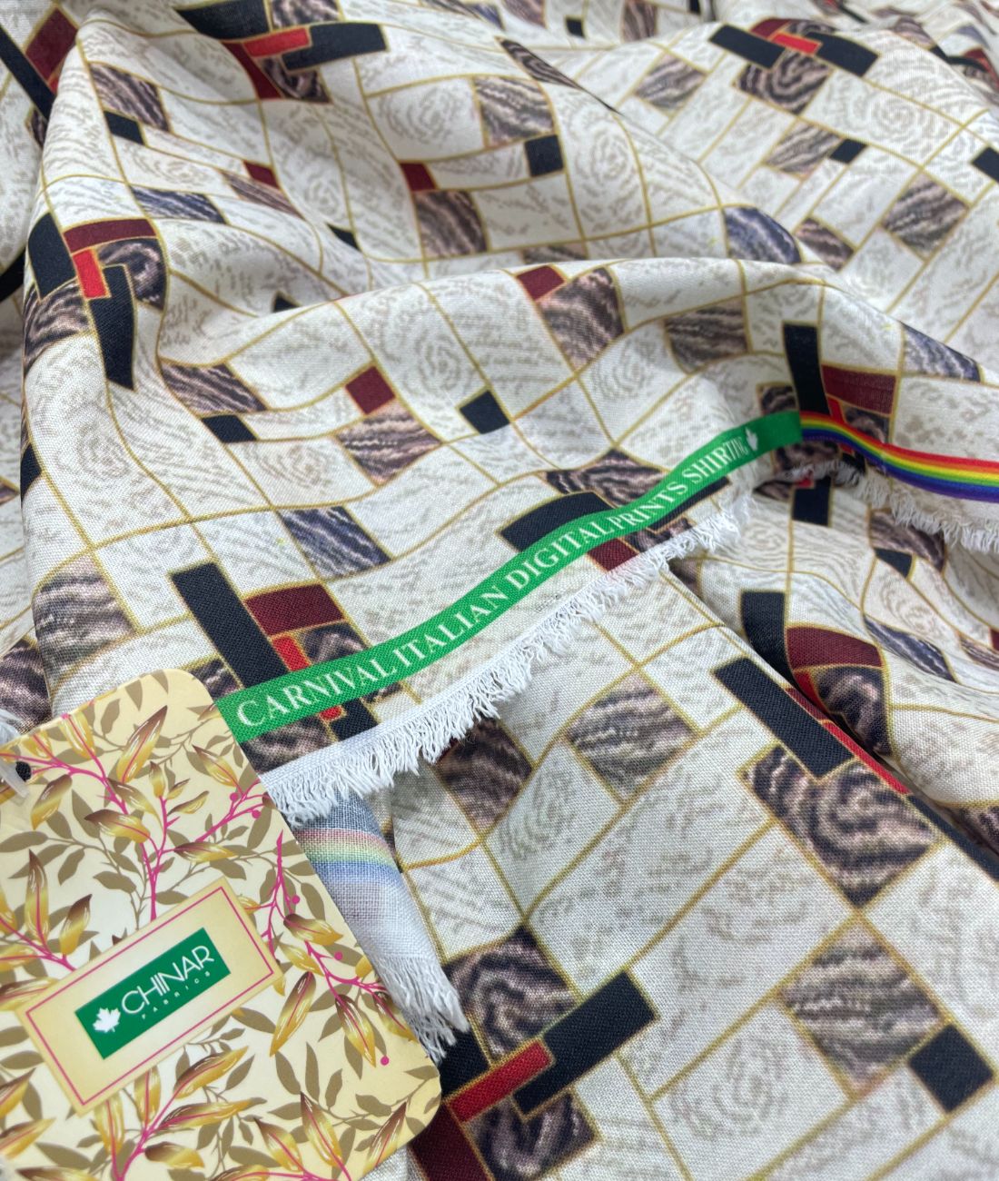 Regal Red & White Printed Anti Wrinke Cotton Fabric for Men's Shirts & Kurta