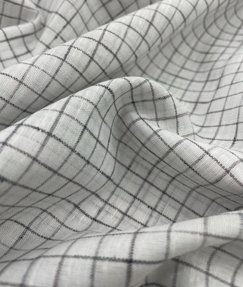 Arvind White & Brown Small Checks Linen Fabric for Shirt & Kurta