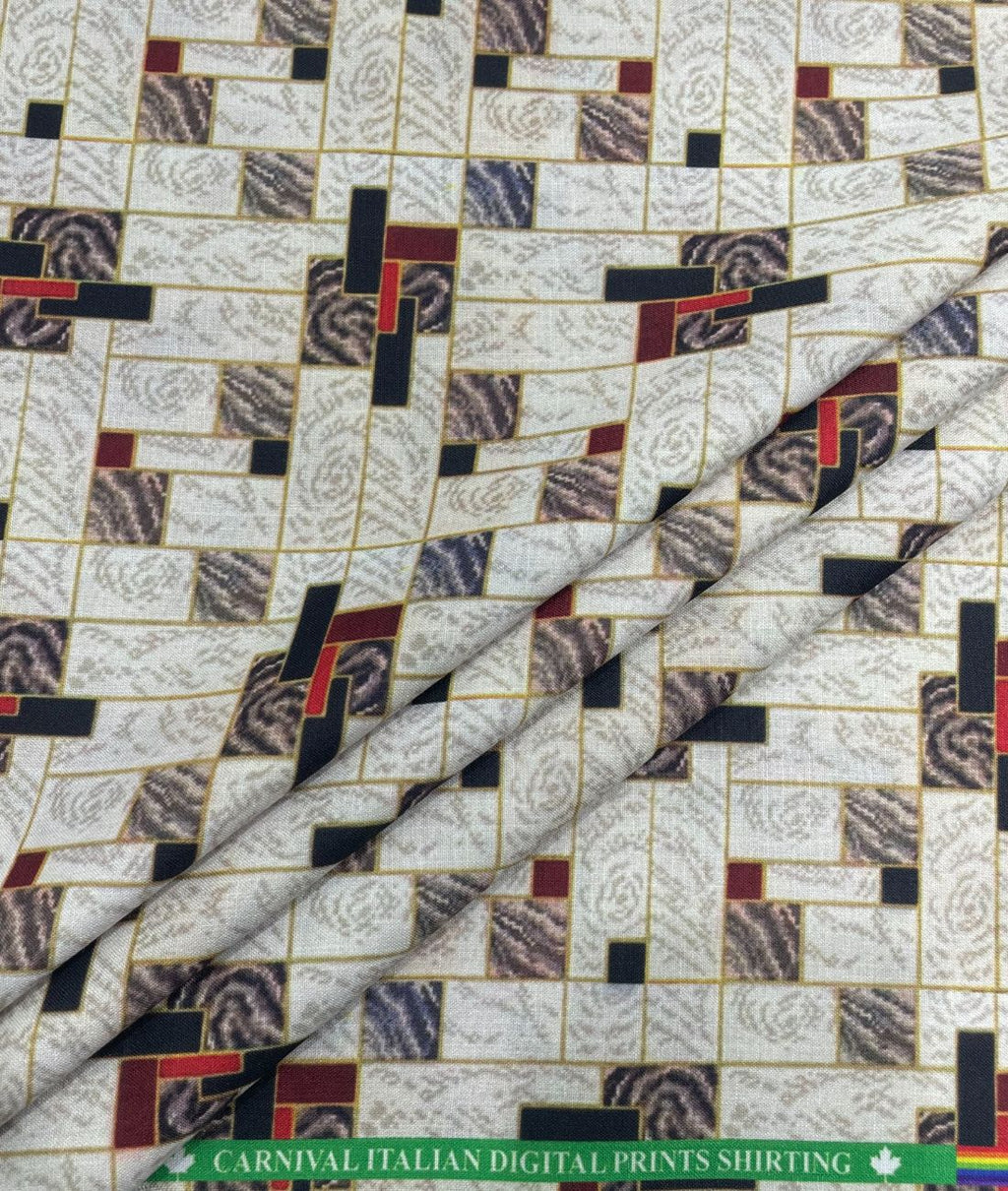 Regal Red & White Printed Anti Wrinke Cotton Fabric for Men's Shirts & Kurta