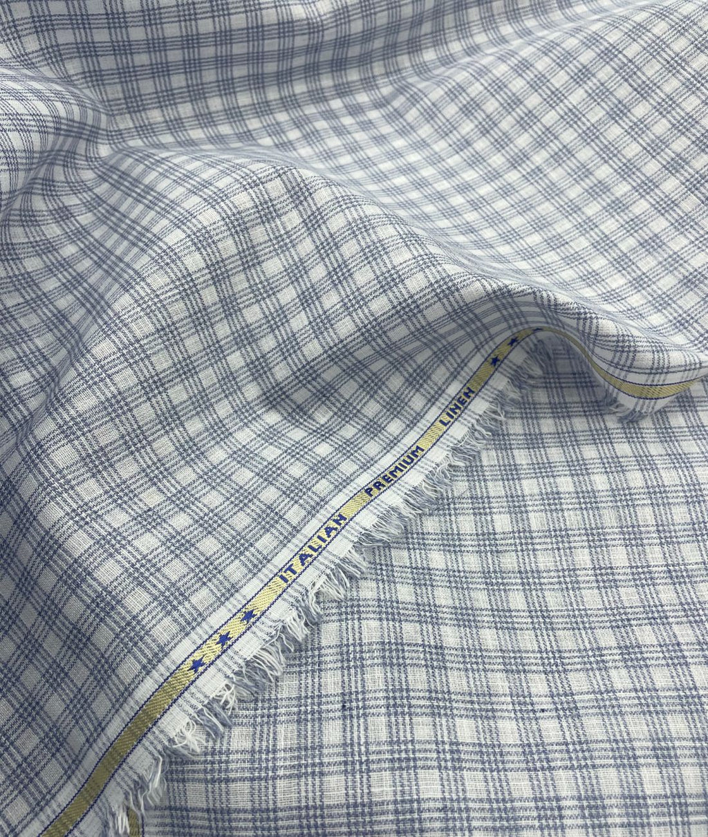 Blue & White Small Checks Linen Fabric for Shirt & Kurta