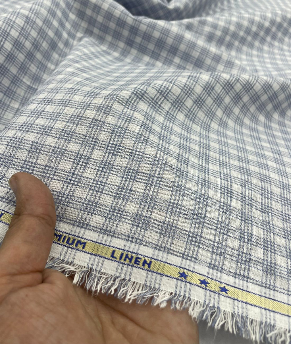 Blue & White Small Checks Linen Fabric for Shirt & Kurta