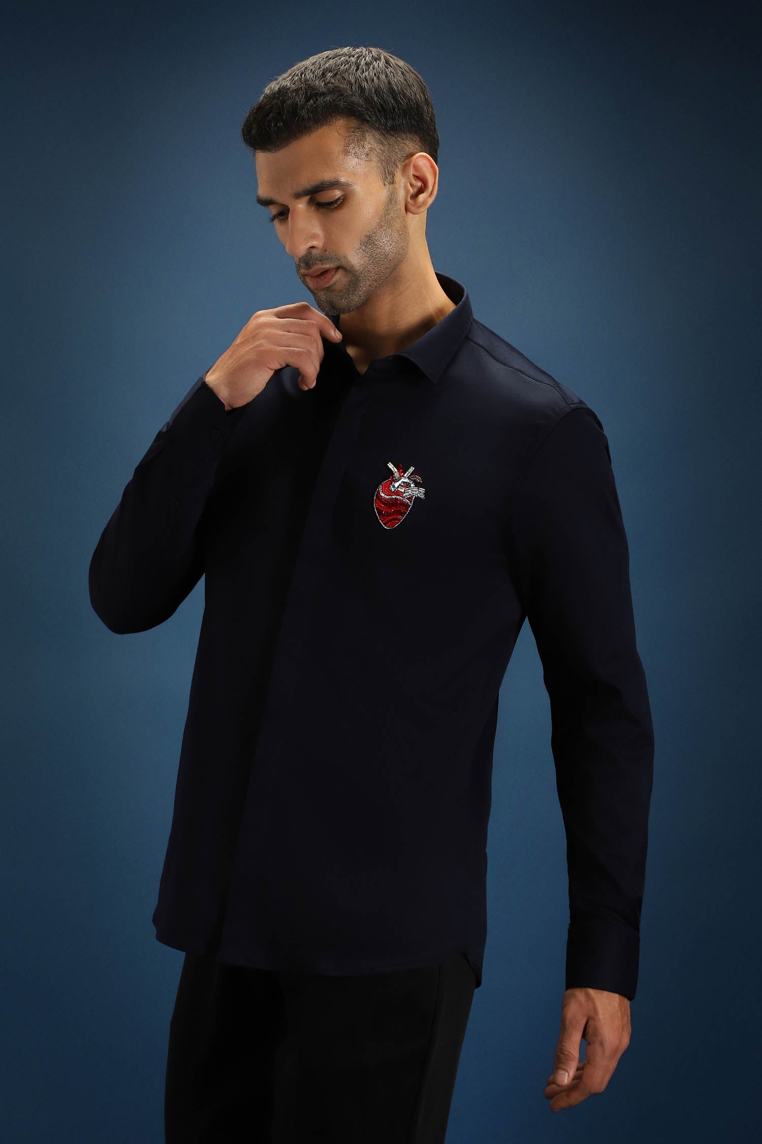 Biological Heart Hand Embroidered Designer Shirt - Navy