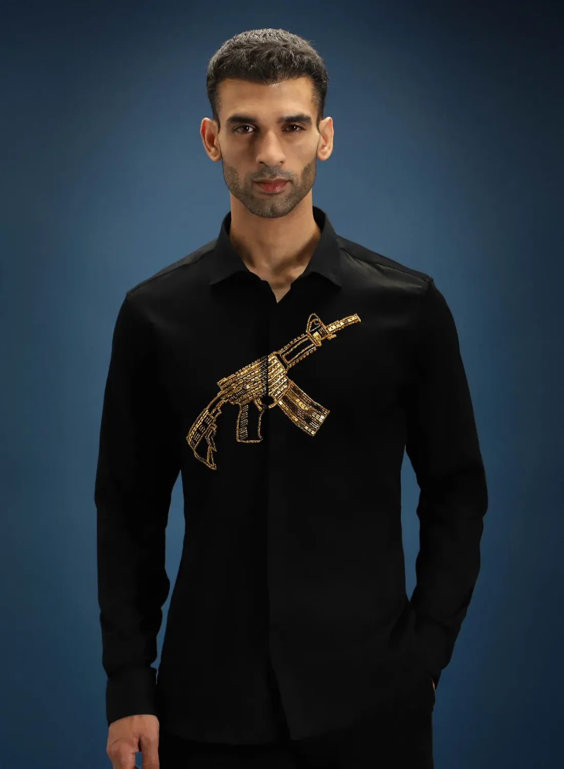 Black Designer Hand Embroidered Shirt Club Wear