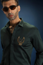 OWL- Hand Embroidered Designer Shirt- Bottle green