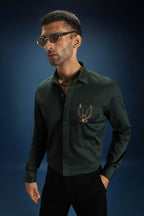 OWL- Hand Embroidered Designer Shirt- Bottle green
