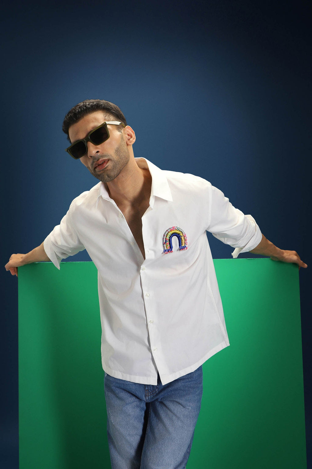 Rainbow Hand Embroidered Designer Shirt - White
