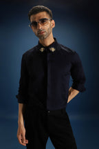 Collar Bumblebee Hand Embroidered Designer Shirt - Navy