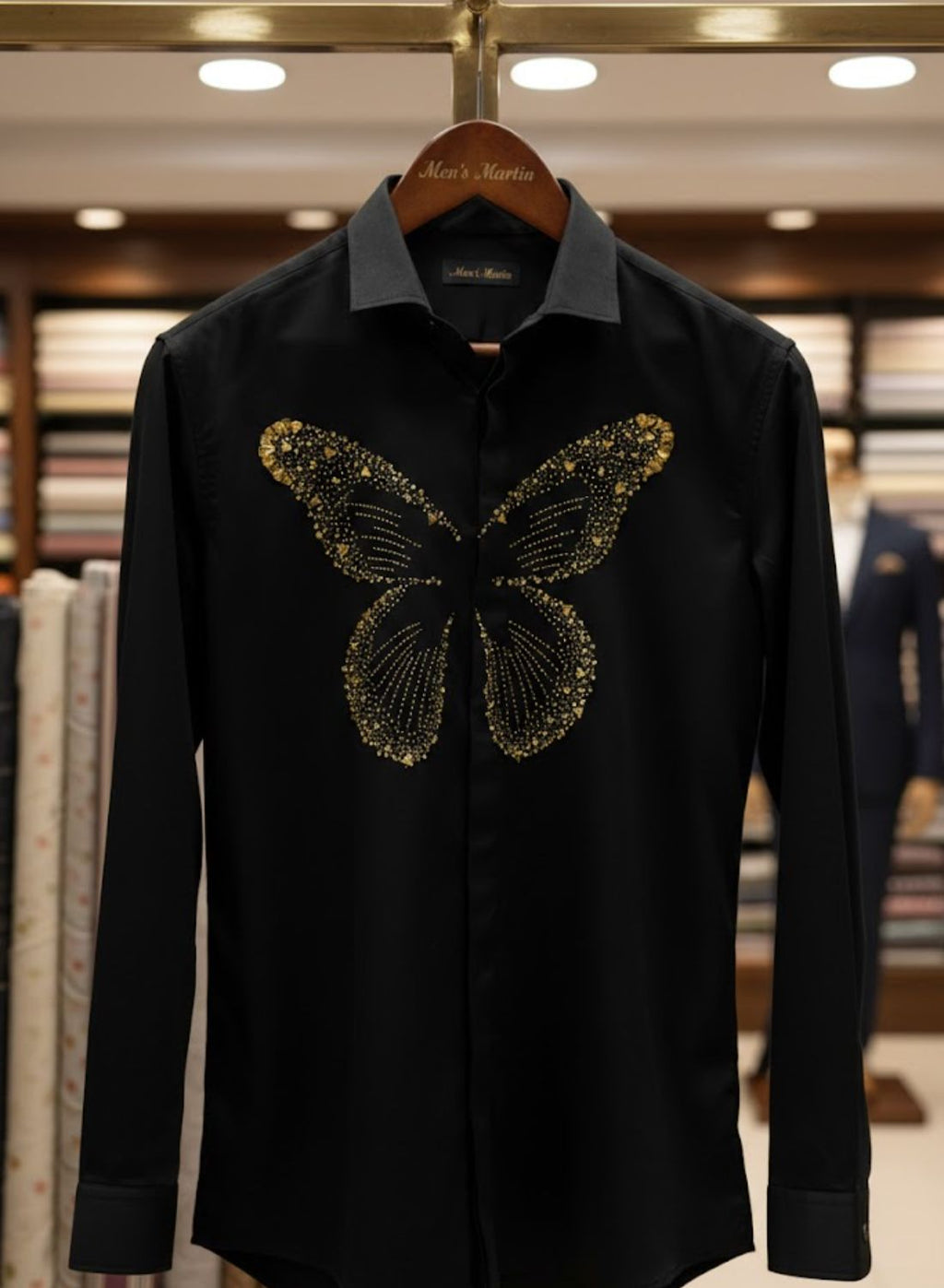 Butterfly Golden Hand Embroidery Designer Shirt for Party